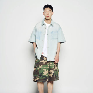 OVERSIZE WASHING DENIM SHORT SLEEVE SHIRTS LIGHT BLUE