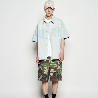 OVERSIZE WASHING DENIM SHORT SLEEVE SHIRTS LIGHT BLUE