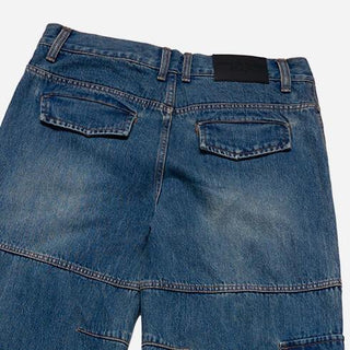 WIDE DENIM FATIGUE CARGO PANTS BLUE