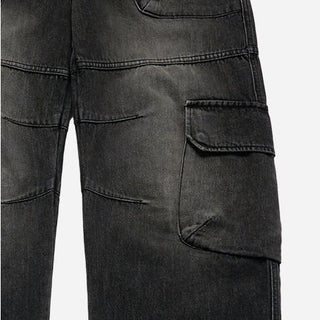 WIDE DENIM FATIGUE CARGO PANTS BLACK
