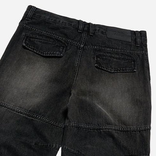 WIDE DENIM FATIGUE CARGO PANTS BLACK