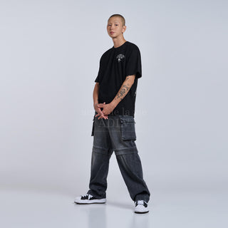 SEGREGATED POCKET DENIM SET UP PANTS BLACK