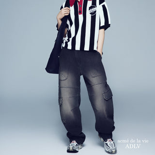 WIDE DENIM FATIGUE CARGO PANTS BLACK